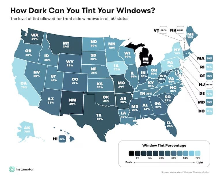 The tint of Car % limit in Each State