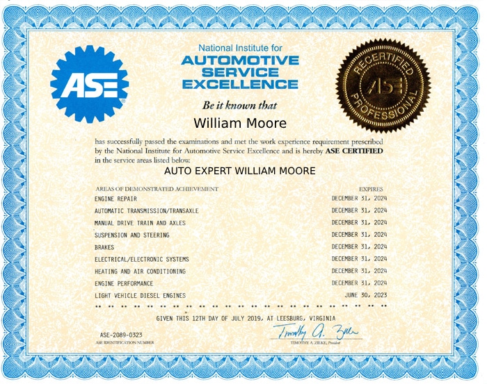 ASE certification of Auto Expert William Moore