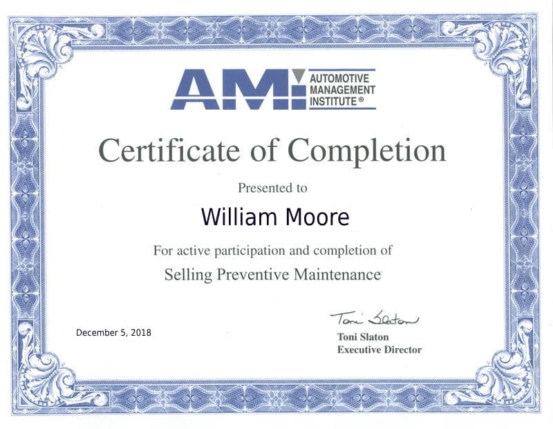 Automotive Management Institute (AMI) Certification Of Auto Expert William Moore