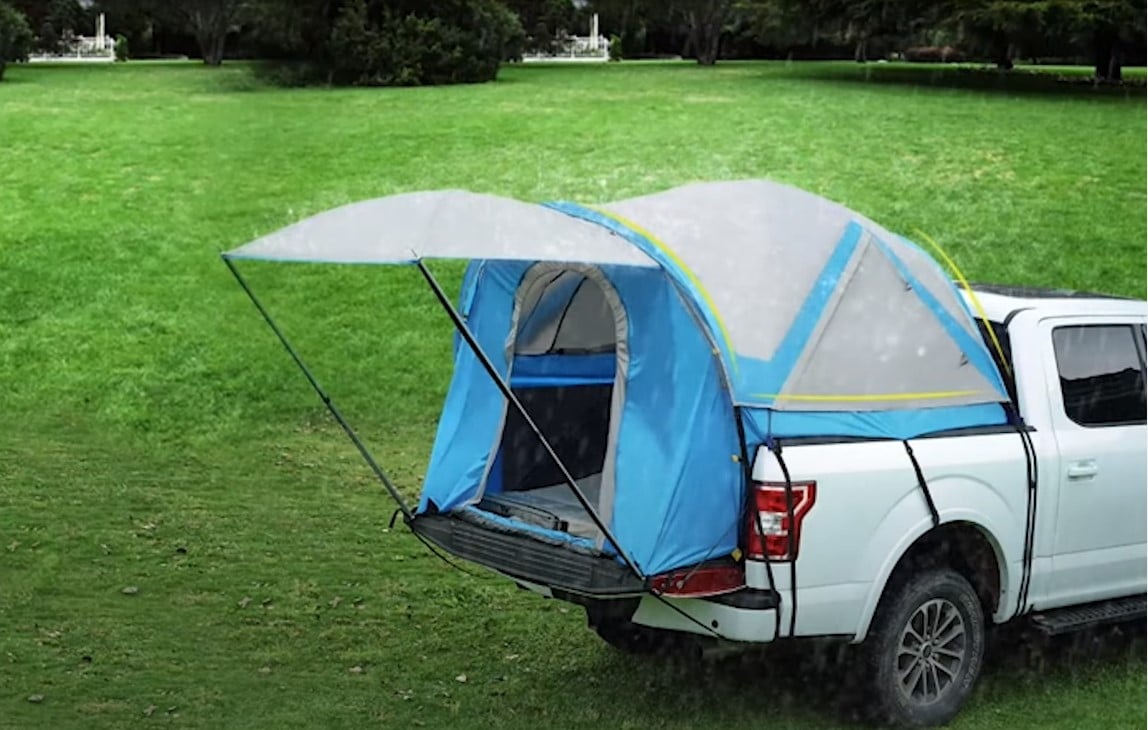 Truck bed tent with all its ventilation openings showcased